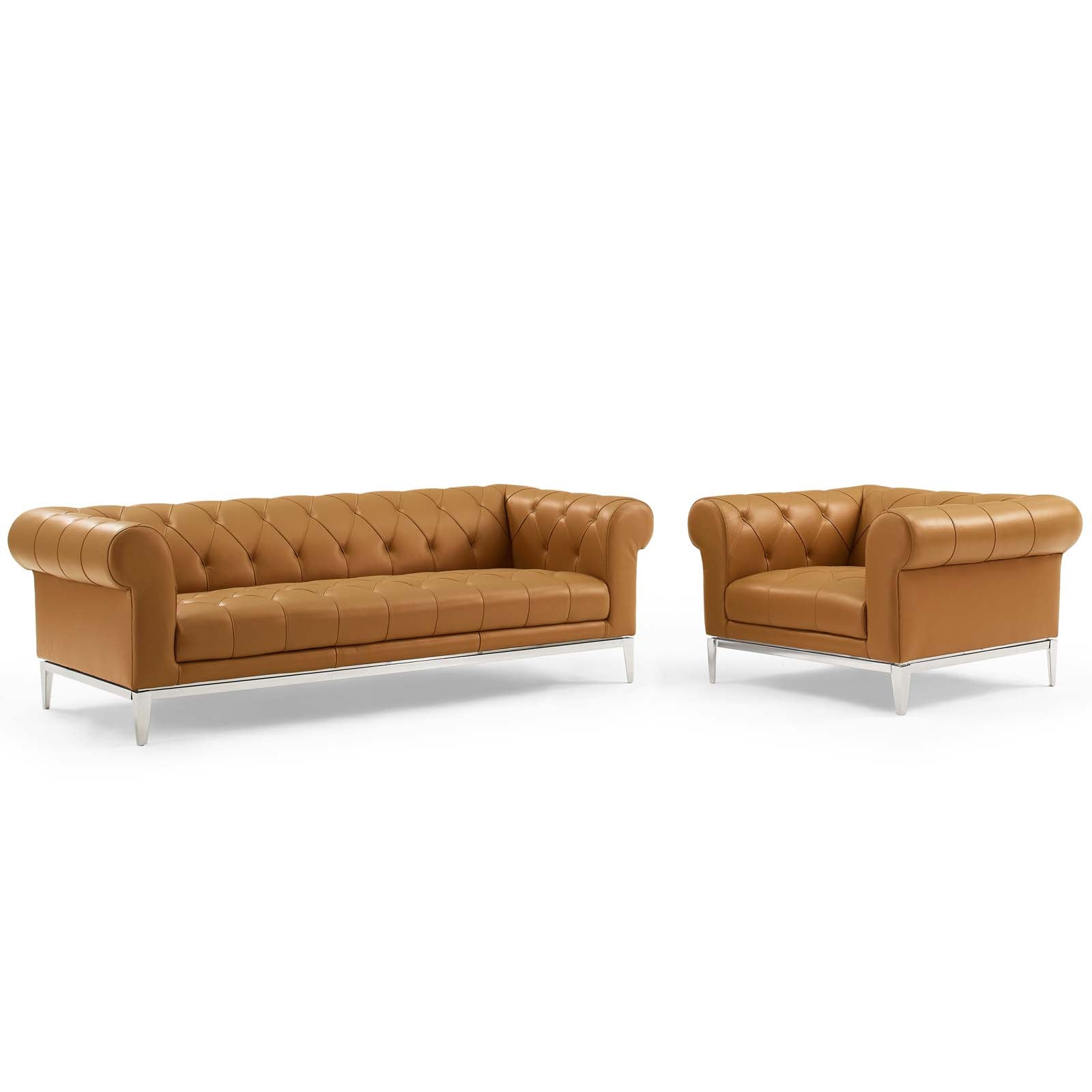 Modway Living Room Sets - Idyll Tufted Upholstered Leather Sofa and Armchair Set Tan