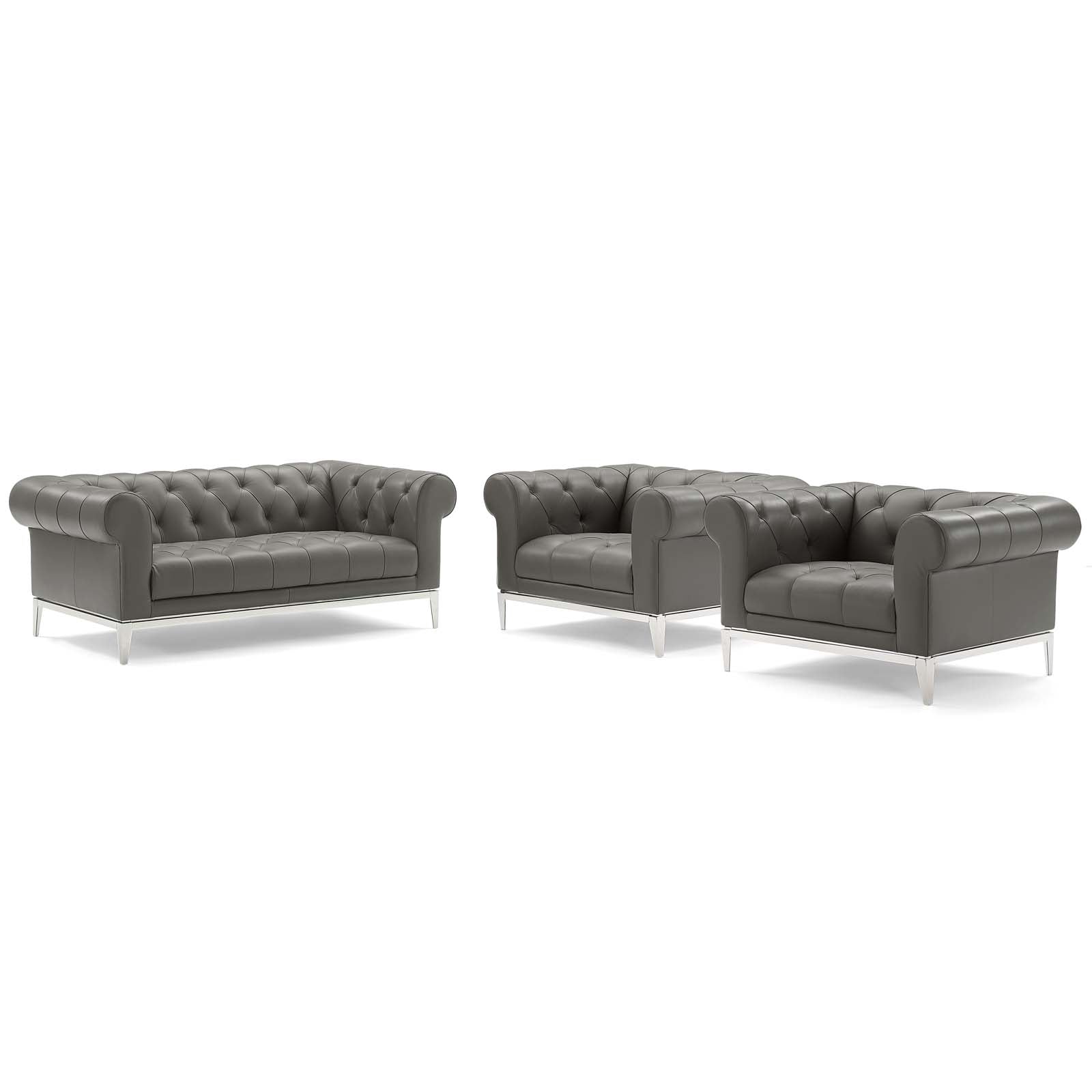 Modway Living Room Sets - Idyll-Tufted-Upholstered-Leather-3-Piece-Set-Gray
