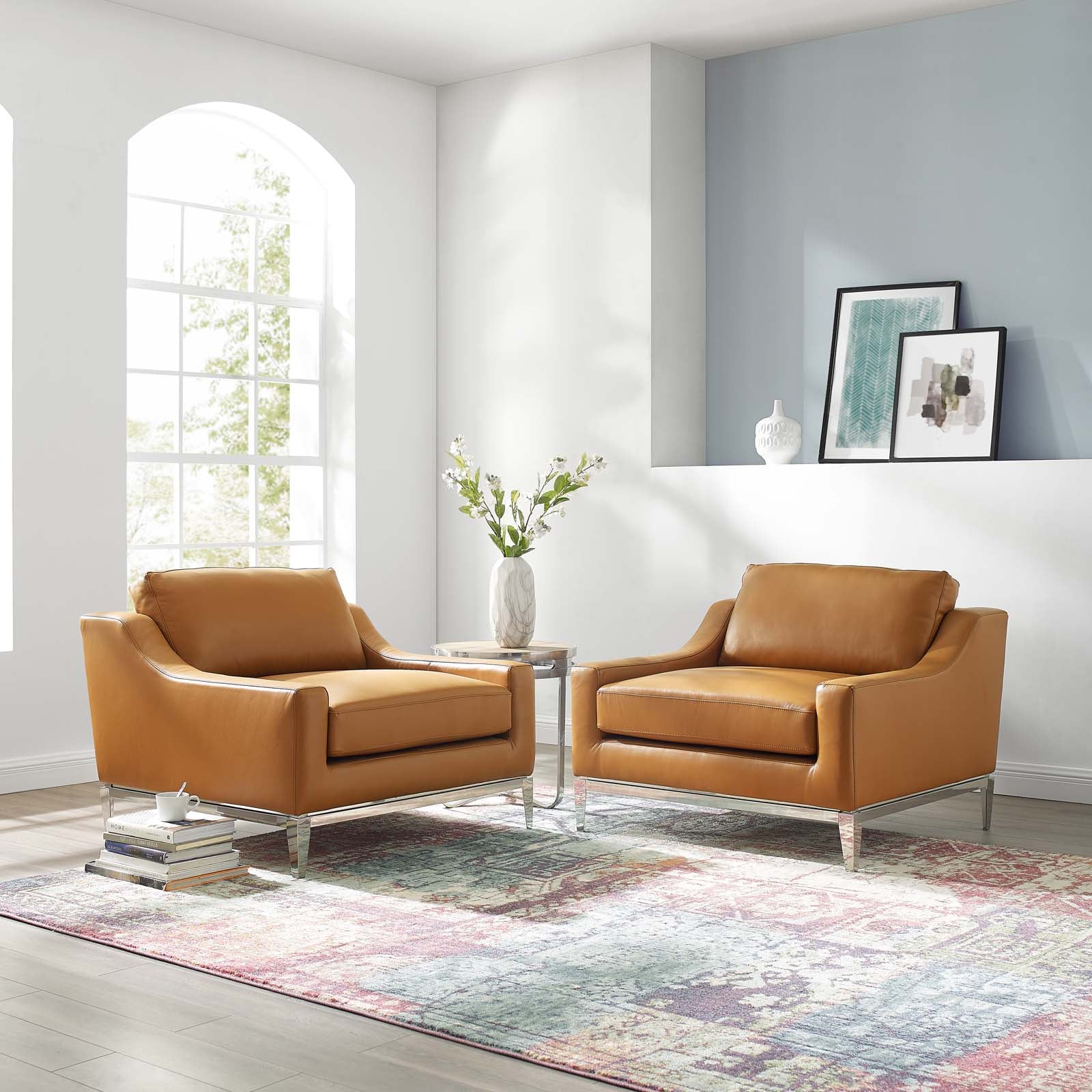 Modway Living Room Sets - Harness-Stainless-Steel-Base-Leather-Armchair-Set-of-2-Tan
