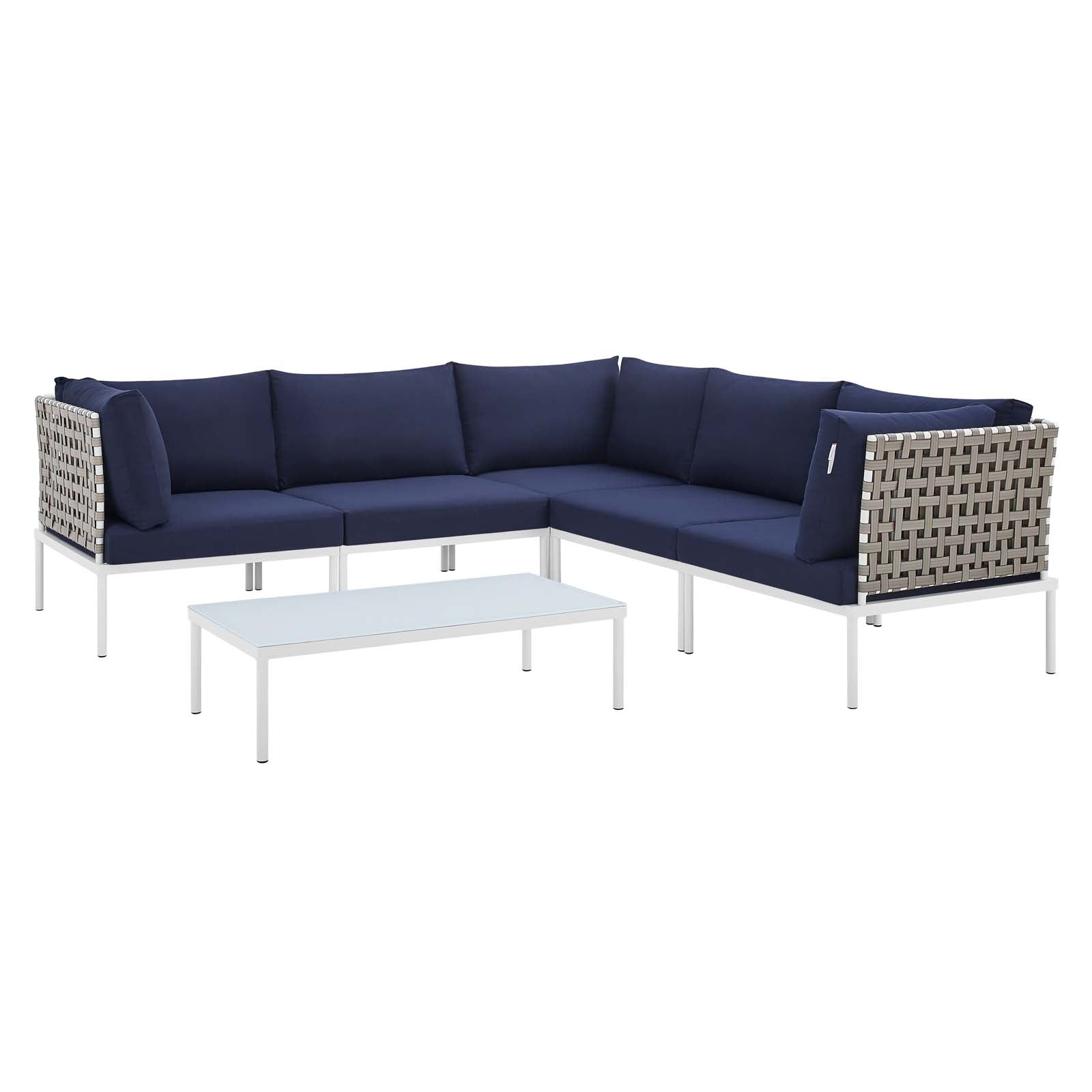 Modway Outdoor Conversation Sets - Harmony 6-Piece Sunbrella Basket Weave Outdoor Patio Aluminum Sectional Sofa Set Tan Navy