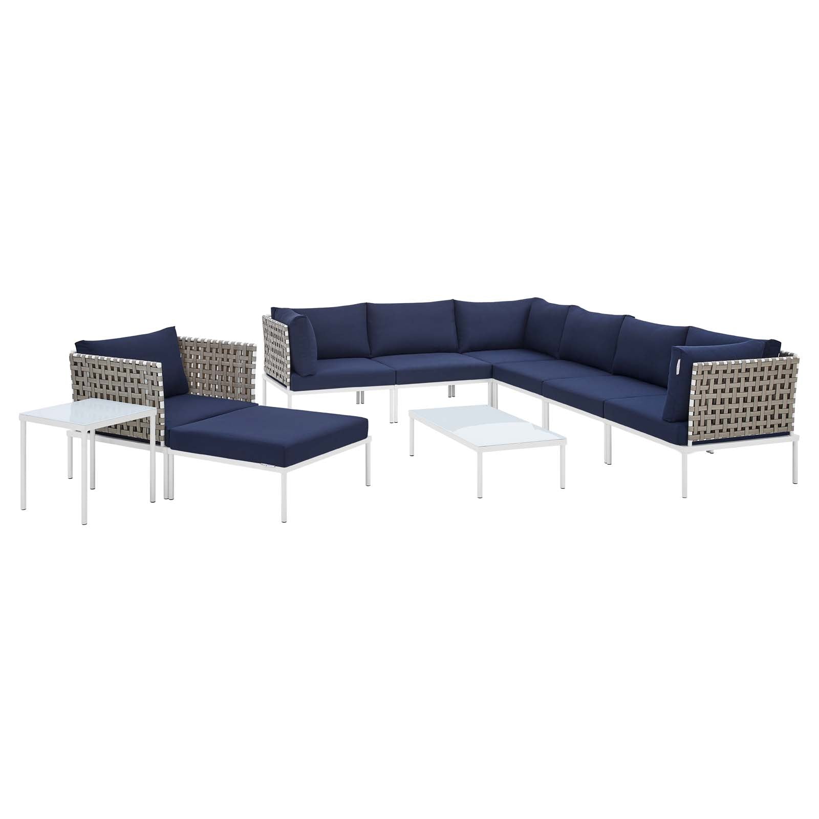 Modway Outdoor Conversation Sets - Harmony 10 Piece Sunbrella Basket Weave Outdoor Patio Aluminum Sectional Sofa Set Tan Navy