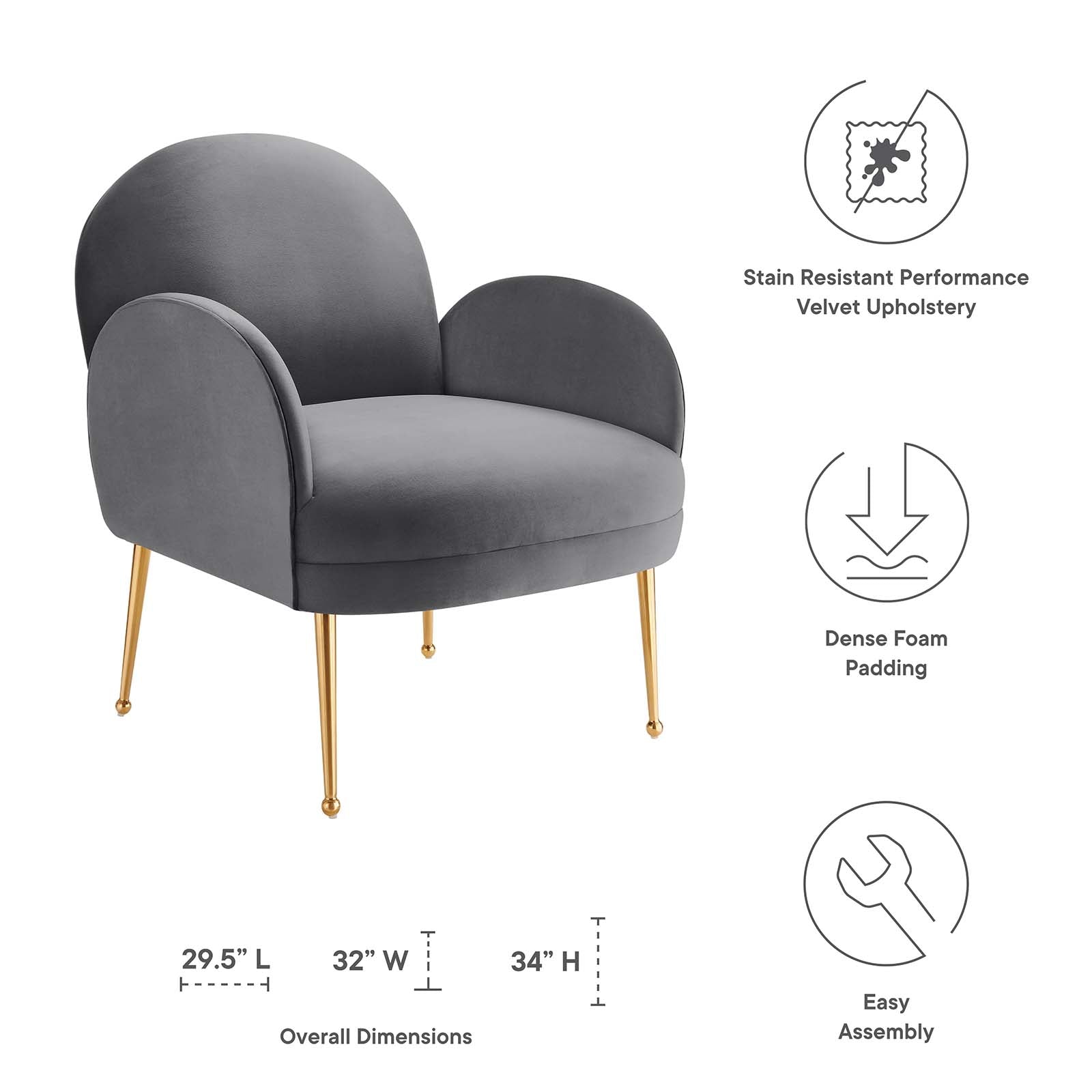 Modway Accent Chairs - Transcend Performance Velvet Armchair Gray