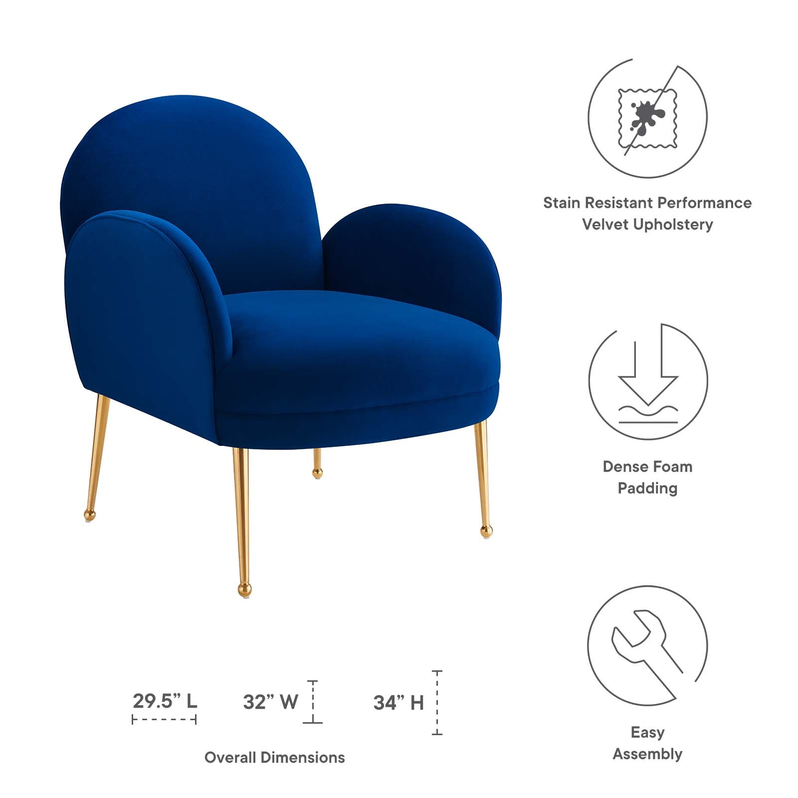 Modway Accent Chairs - Transcend Performance Velvet Armchair Navy