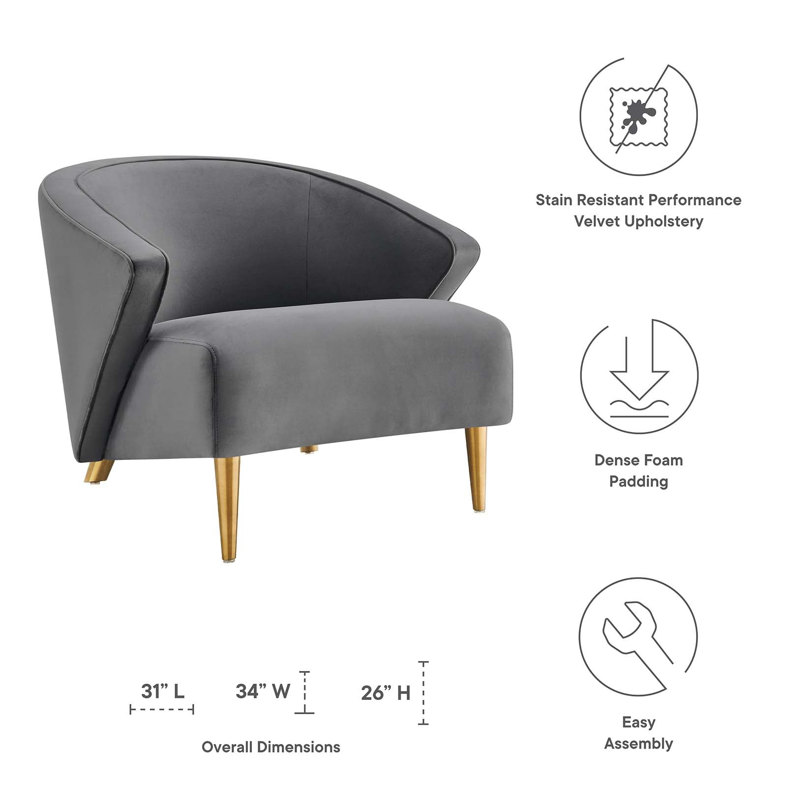 Modway Accent Chairs - Odyssey Performance Velvet Armchair Gray