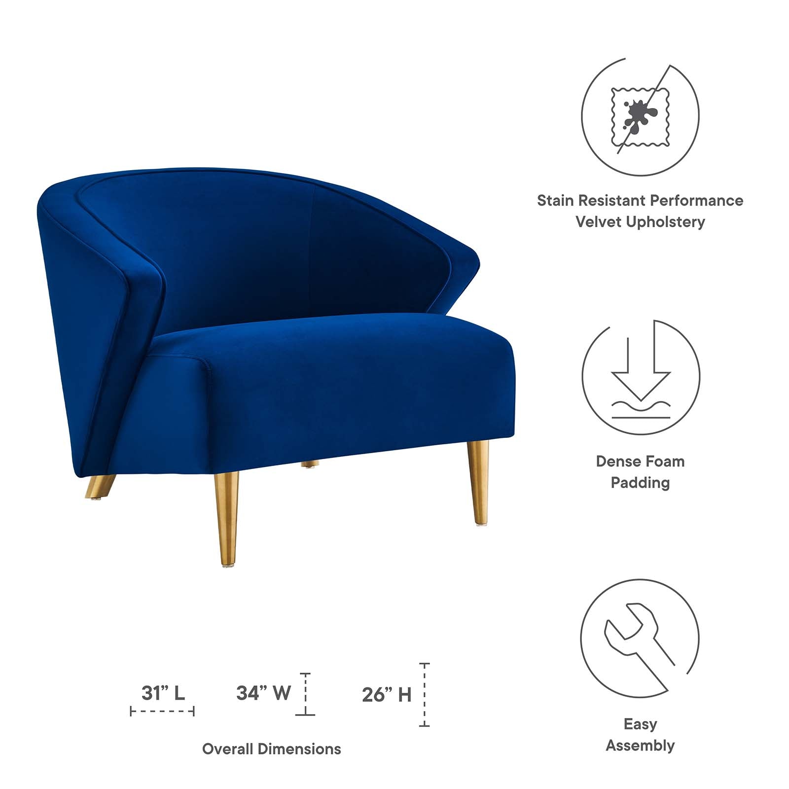 Modway Accent Chairs - Odyssey Performance Velvet Armchair Navy