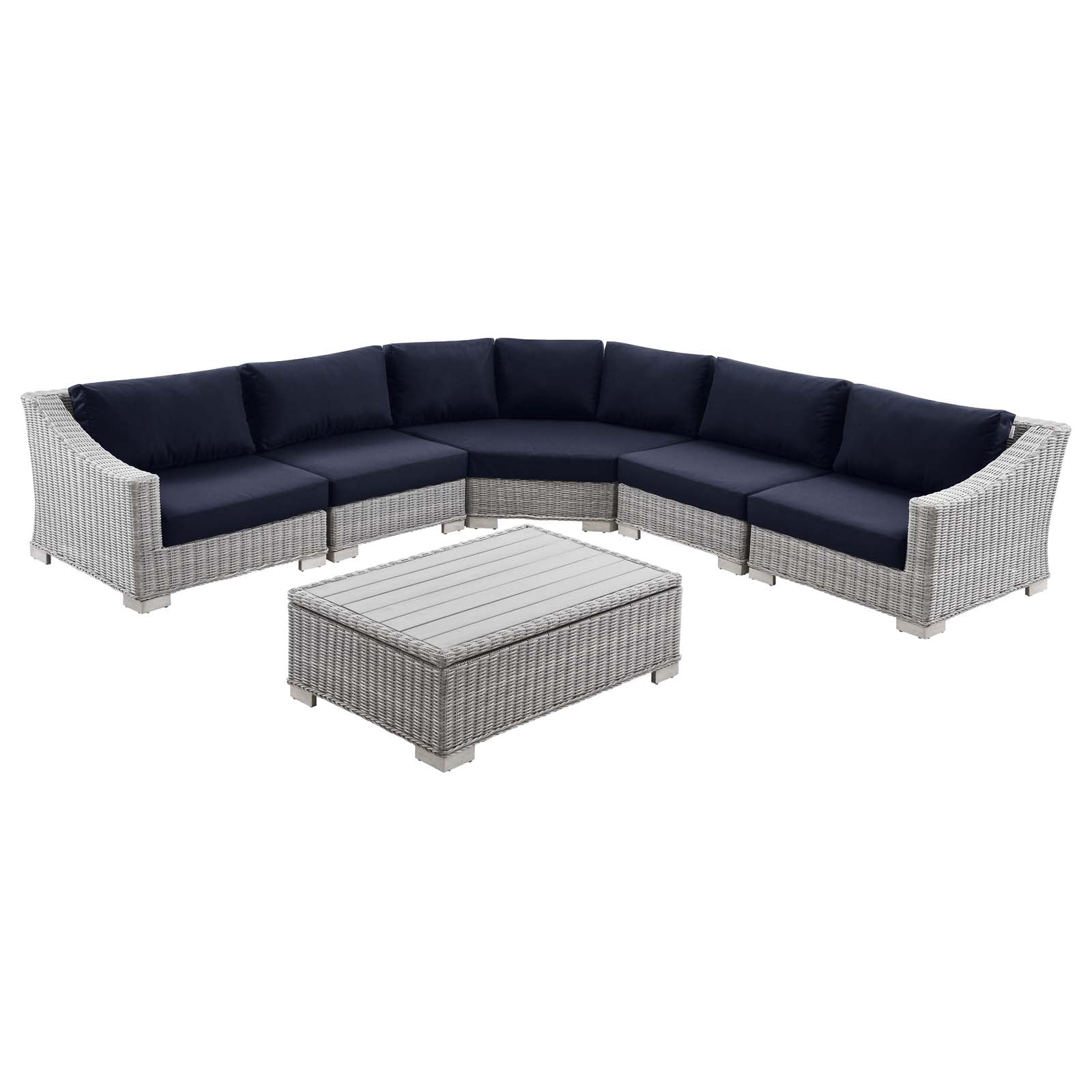 Modway Outdoor Conversation Sets - Conway Outdoor Patio Wicker Rattan 6-Piece Sectional Sofa Furniture Set Light Gray| Navy