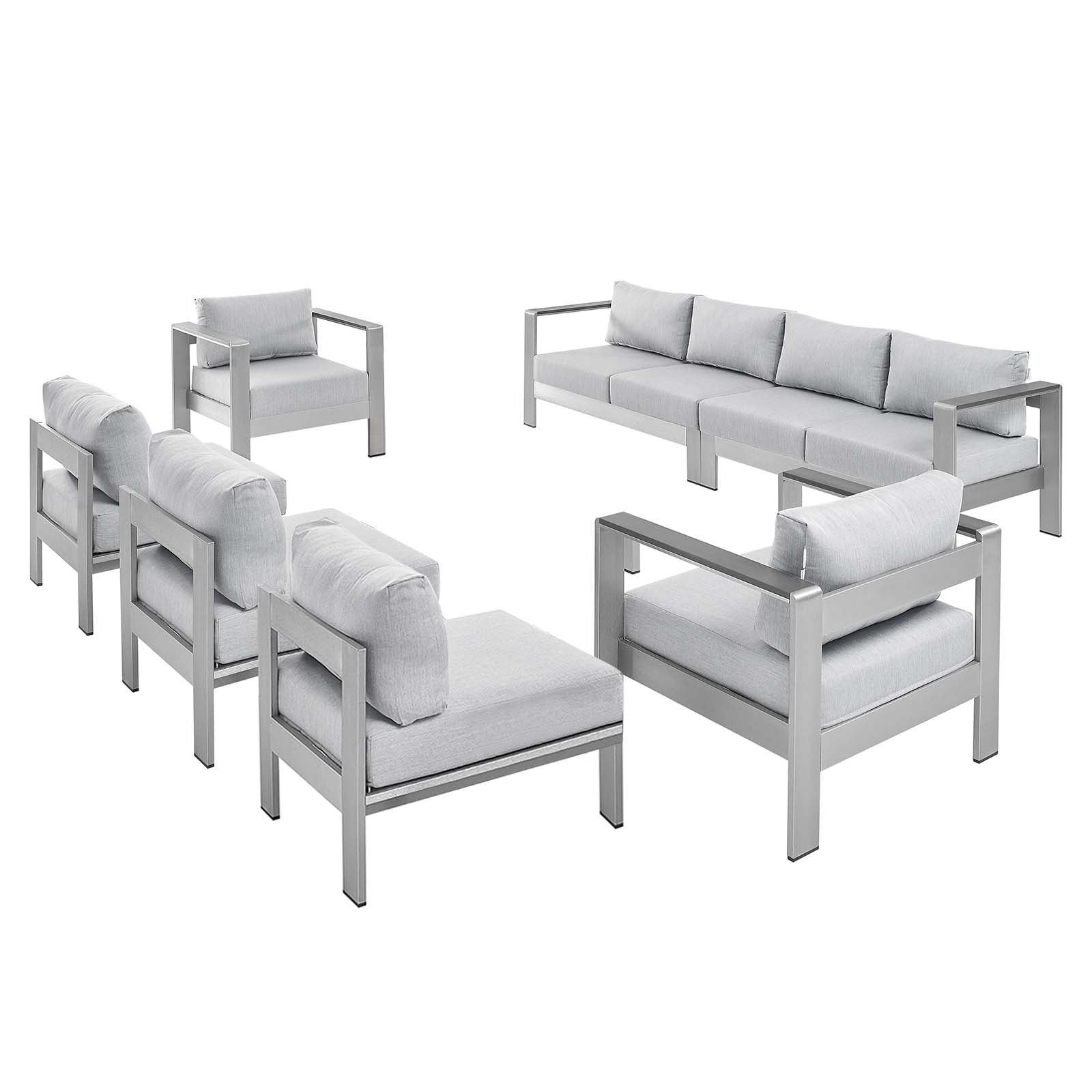 Modway Outdoor Conversation Sets - Shore Sunbrella Fabric Outdoor Patio Aluminum 7 Piece Sectional Sofa Set Silver Gray
