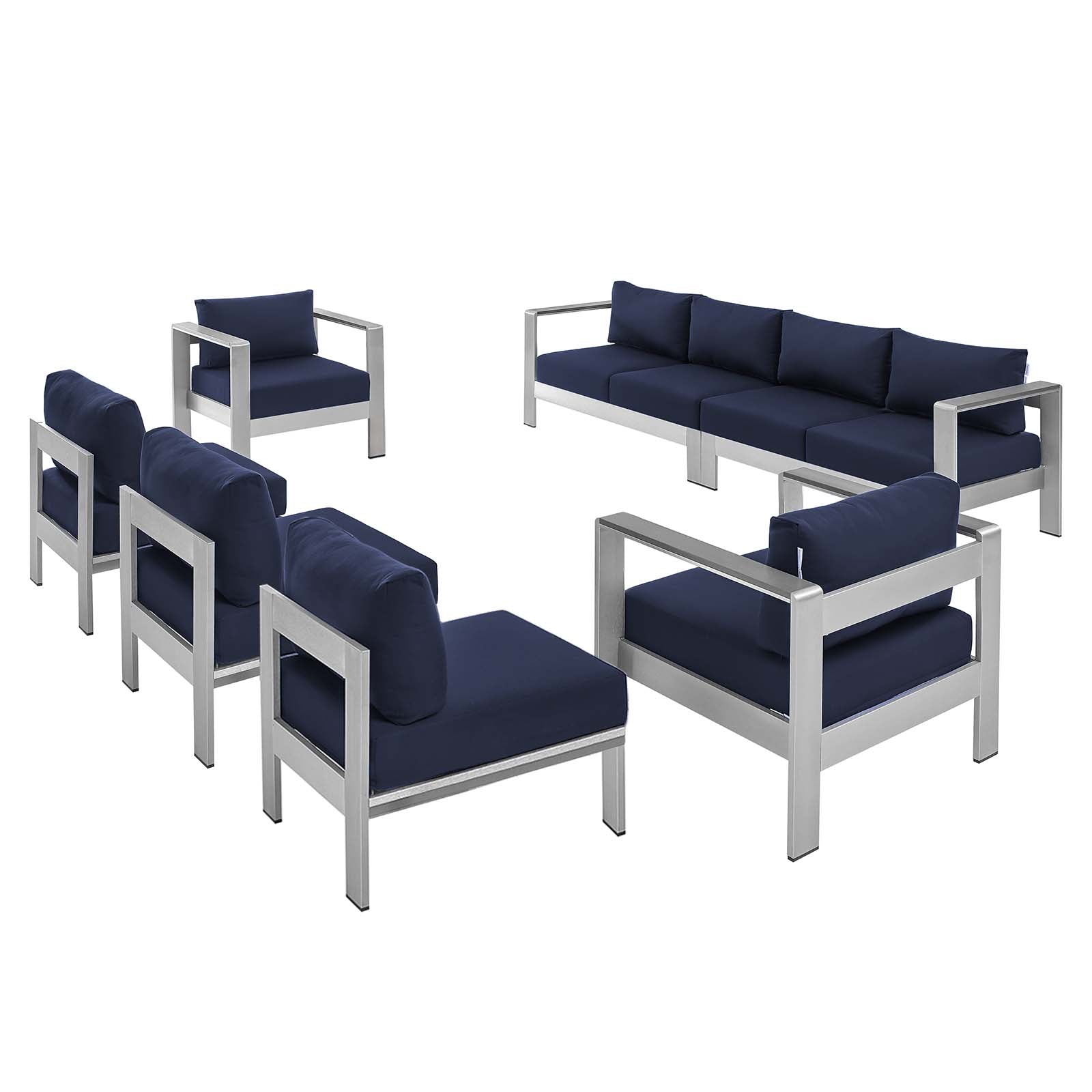 Modway Outdoor Conversation Sets - Shore Sunbrella Fabric Outdoor Patio Aluminum 7 Piece Sectional Sofa Set Silver Navy