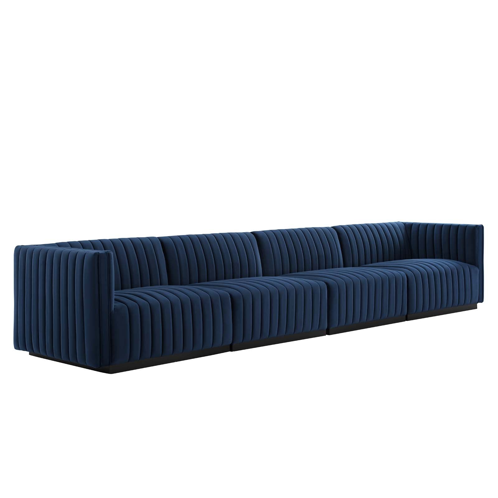 Modway Sofas & Couches - Conjure Channel Tufted Performance Velvet 4-Piece Sofa Black Midnight Blue