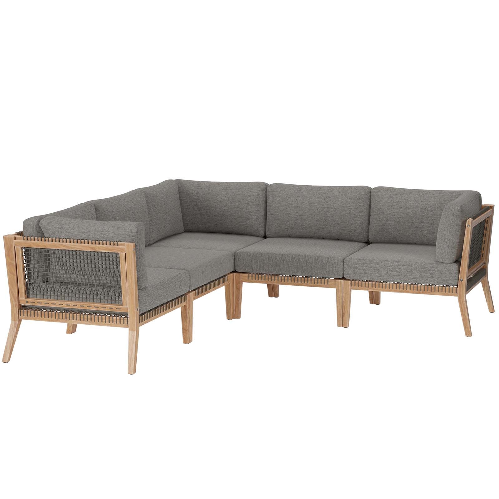 Modway Outdoor Sofas - Clearwater-Outdoor-Patio-Teak-Wood-5-Piece-Sectional-Sofa-Gray-Graphite
