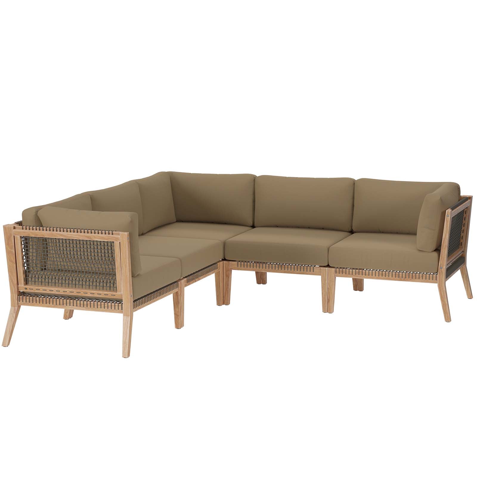 Modway Outdoor Sofas - Clearwater-Outdoor-Patio-Teak-Wood-5-Piece-Sectional-Sofa-Gray-Light-Brown