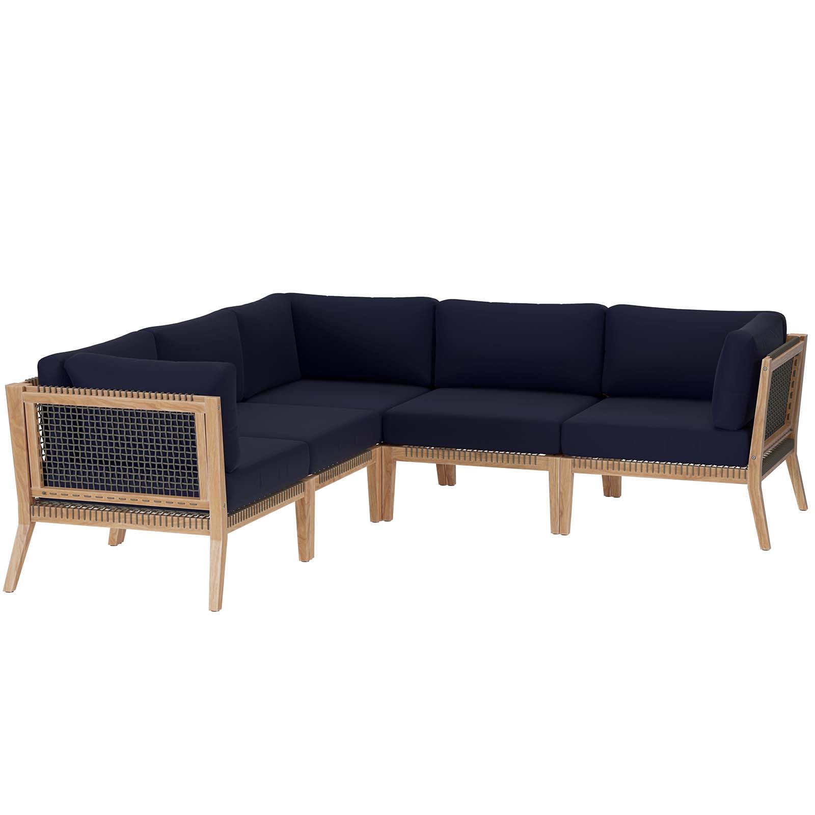 Modway Outdoor Sofas - Clearwater-Outdoor-Patio-Teak-Wood-5-Piece-Sectional-Sofa-Gray-Navy