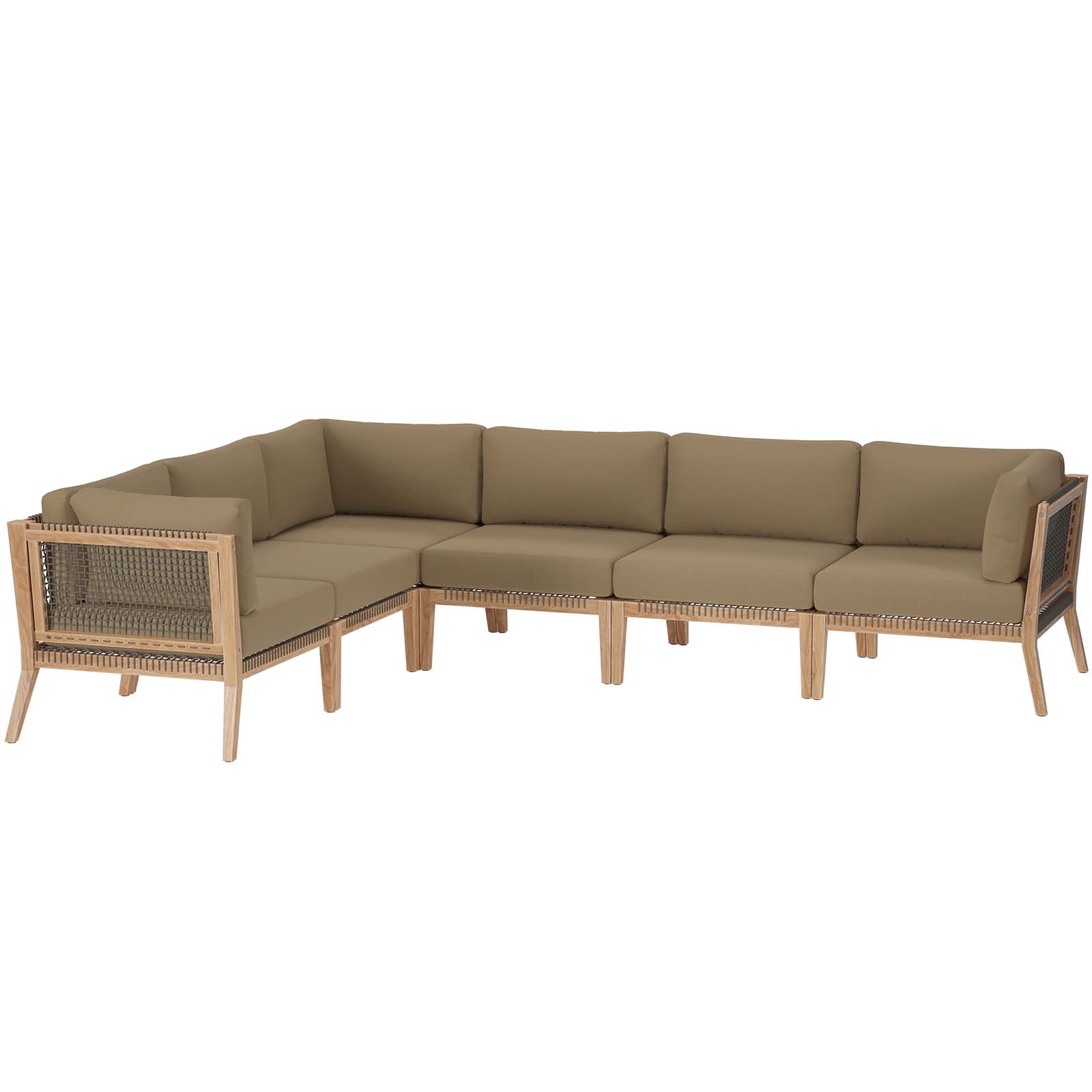 Modway Outdoor Sofas - Clearwater-Outdoor-Patio-Teak-Wood-6-Piece-Sectional-Sofa-Gray-Light-Brown