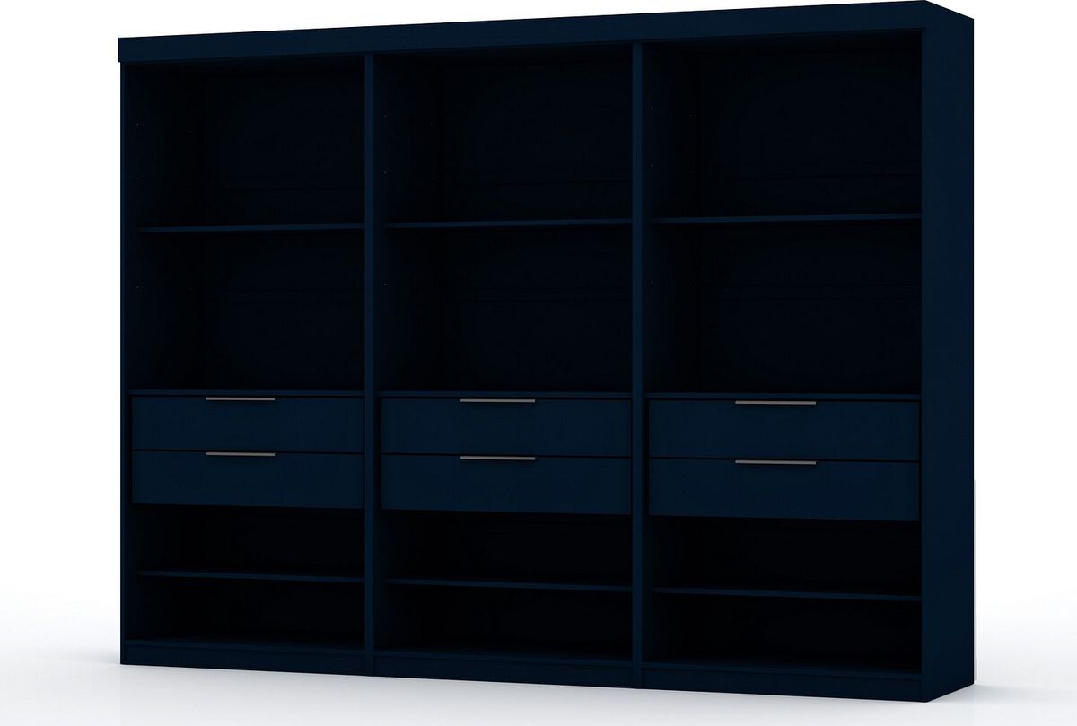 Manhattan Comfort Cabinets & Wardrobes - Mulberry Open 3 Sectional Modem Wardrobe Closet with 6 Drawers - Set of 3 in Tatiana Midnight Blue
