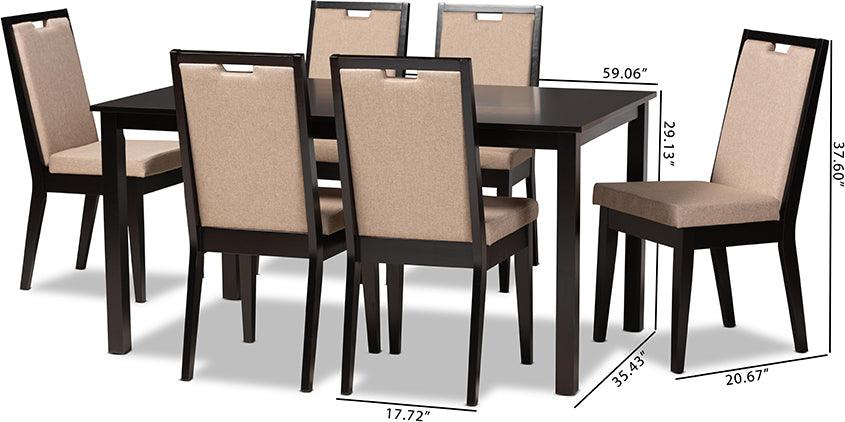 Wholesale Interiors Dining Sets - Rosa Sand Fabric Upholstered and Dark Brown Finished Wood 7-Piece Dining Set