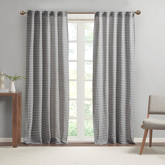 Olliix.com Curtains - Texture Striped 100% Recycled Fiber Woven Antimicrobial Window Panel Pair Grey