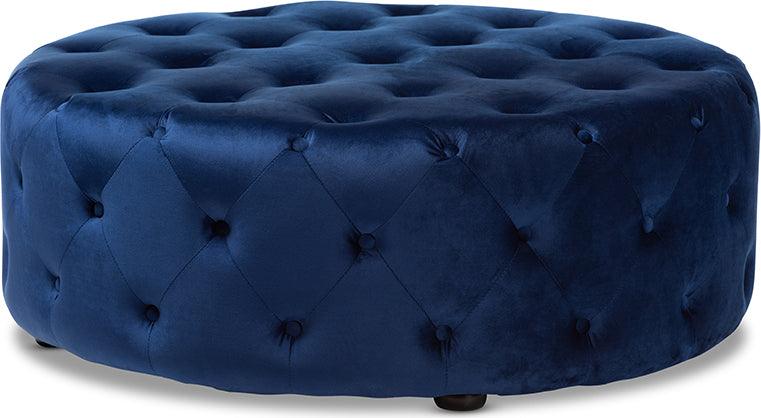Wholesale Interiors Ottomans & Stools - Cardiff Transitional Royal Blue Velvet Fabric Upholstered Button Tufted Cocktail Ottoman