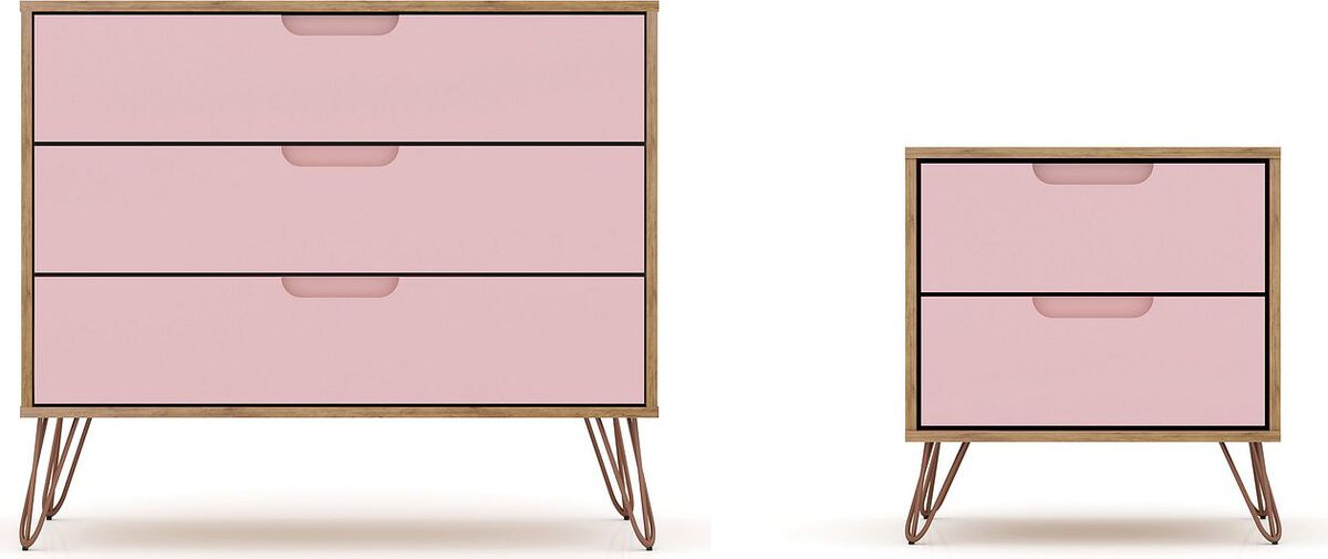 Manhattan Comfort Bedroom Sets - Rockefeller Mic Century- Modern Dresser & Nightstand with Drawers- Set of 2 in Nature & Rose Pink