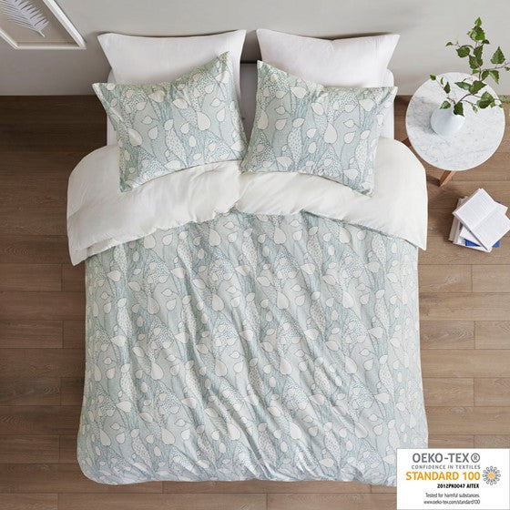 Olliix.com Comforters & Blankets - 3 Piece Vine Printed Cotton Comforter Set Aqua Full/Queen