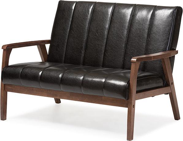 Wholesale Interiors Loveseats - Nikko Mid-century Modern Black Faux Leather Wooden 2-Seater Loveseat