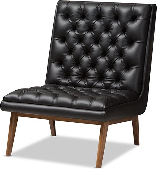Wholesale Interiors Accent Chairs - Annetha Mid-Century Modern Black Faux Leather Walnut Wood Lounge Chair