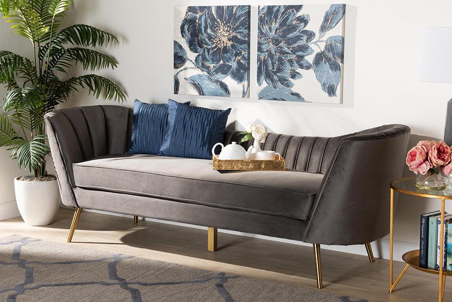 Wholesale Interiors Sofas & Couches - Kailyn Glam and Luxe Gray Velvet Fabric Upholstered and Gold Finished Sofa