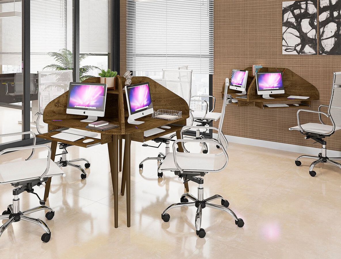 Manhattan Comfort Desks - Bradley 4-Piece Round Sectional Cubicle Desk Rustic Brown