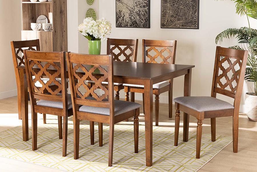 Wholesale Interiors Dining Sets - Ramiro Grey Fabric Upholstered and Walnut Brown Finished Wood 7-Piece Dining Set