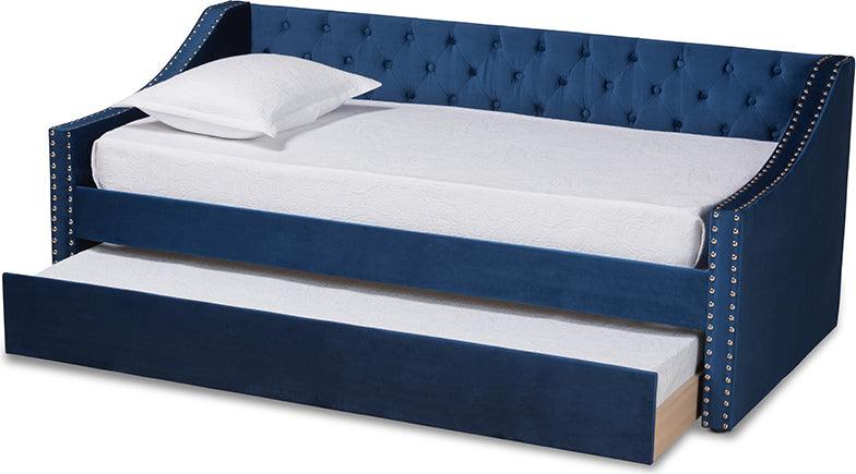 Wholesale Interiors Daybeds - Raphael Navy Blue Velvet Fabric Upholstered Twin Size Daybed with Trundle