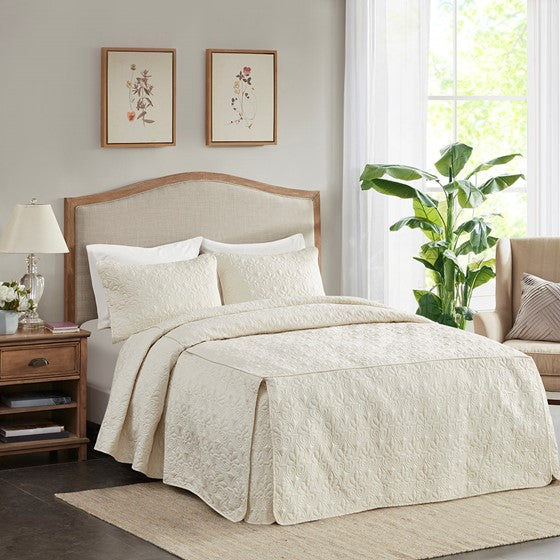 Olliix.com Coverlet - 3 Piece Split Corner Pleated Quilted Bedspread Cream Queen