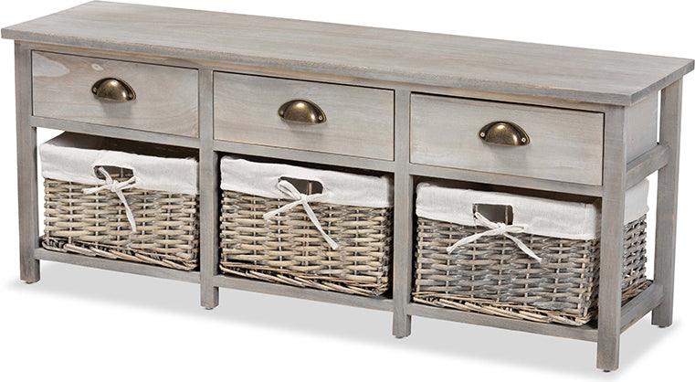 Wholesale Interiors Benches - Mabyn Contemporary Light Grey Wood 3-Drawer Storage Bench with Baskets