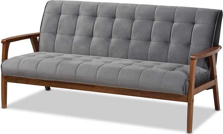 Wholesale Interiors Living Room Sets - Asta Grey Velvet Fabric Upholstered Walnut Finished Wood 3-Piece Living Room Set