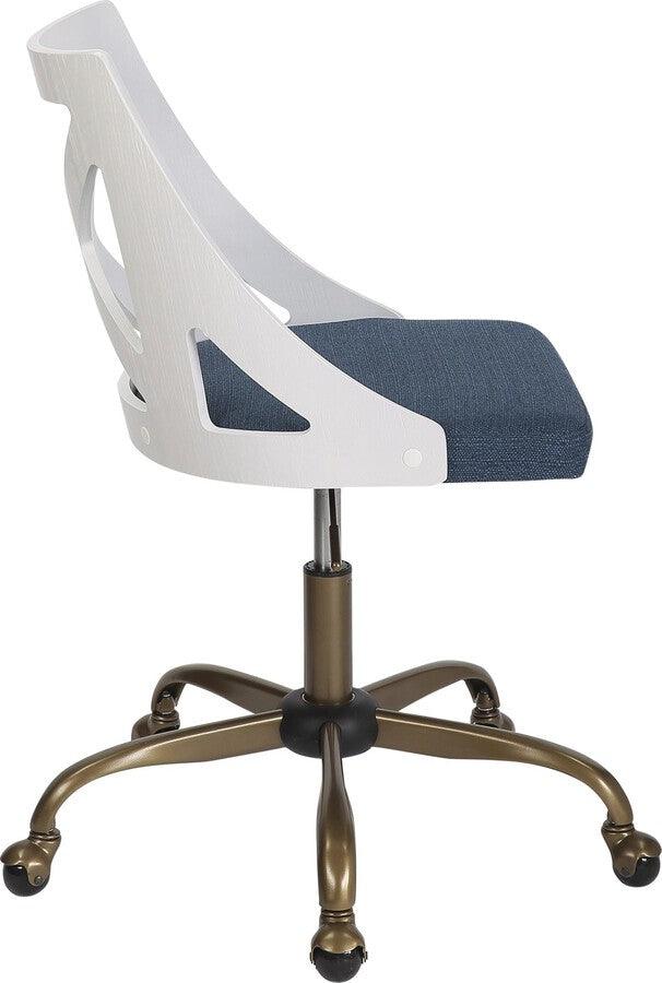Lumisource Task Chairs - Charlotte Farmhouse Task Chair In Antique Copper Metal, White Textured Wood, & Blue Fabric