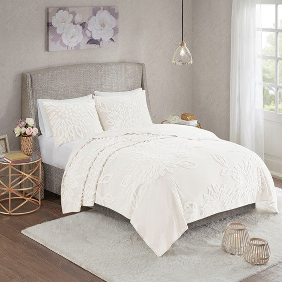 Olliix.com Coverlet - 3 Piece Tufted Cotton Chenille Floral Coverlet Set Off-White Full/Queen