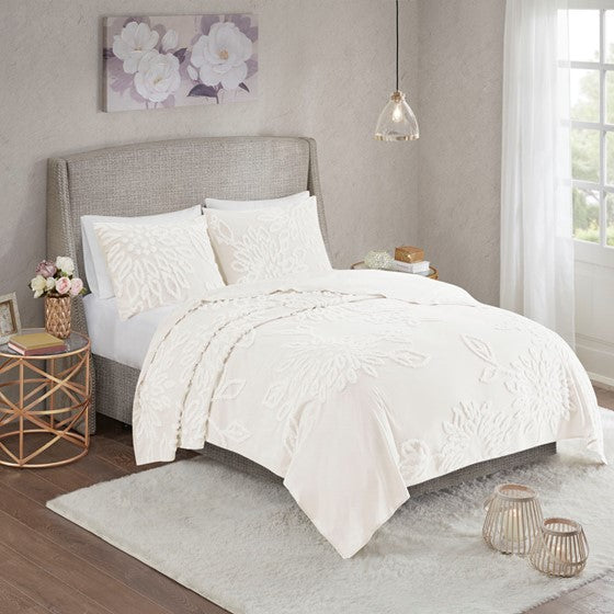 Olliix.com Coverlet - 3 Piece Tufted Cotton Chenille Floral Coverlet Set Off-White Full/Queen