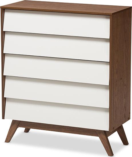 Wholesale Interiors Chest of Drawers - Hildon Mid-Century Modern White and Walnut Wood 5-Drawer Storage Chest