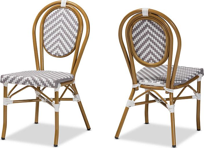 Wholesale Interiors Outdoor Dining Chairs - Alaire Indoor and Outdoor Grey and White Bamboo Style Stackable 2-Piece Bistro Dining Chair Set