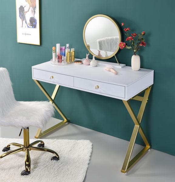 ACME Bedroom Vanity - ACME Coleen Vanity Desk w/Mirror & Jewelry Tray, Chrome Finish