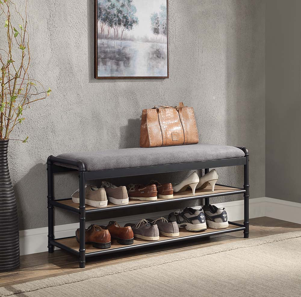 ACME Shoe Storage - ACME Brantley Shoe Rack, Gray Fabric, Oak & Sandy Black Finish