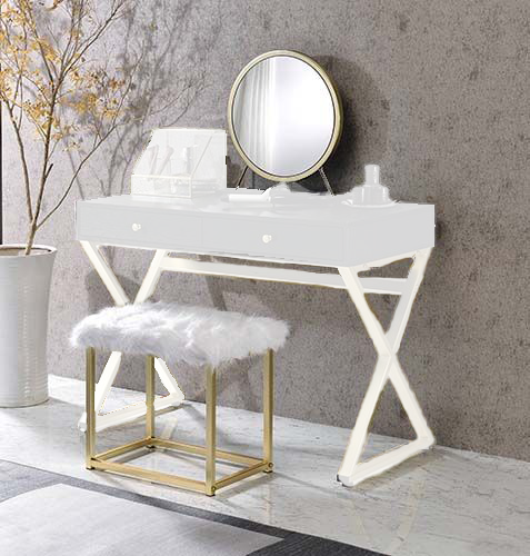 ACME Mirrors - ACME Adao Vanity Mirror & Stool, Faux Fur, Mirror, Black & Brass Finish