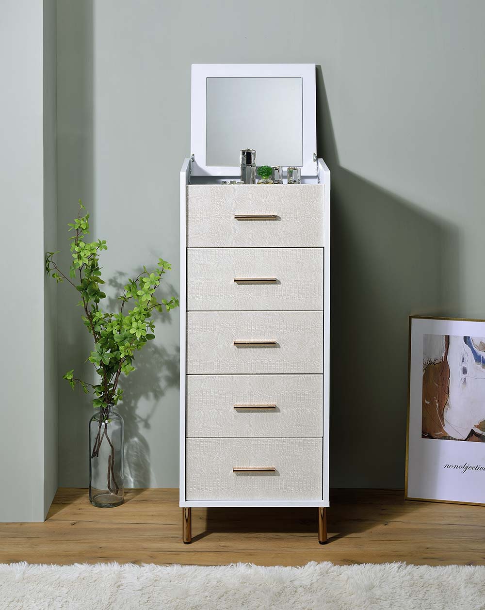 ACME Jewelry Armoire - ACME Myles Jewelry Armoire, White, Champagne & Gold Finish