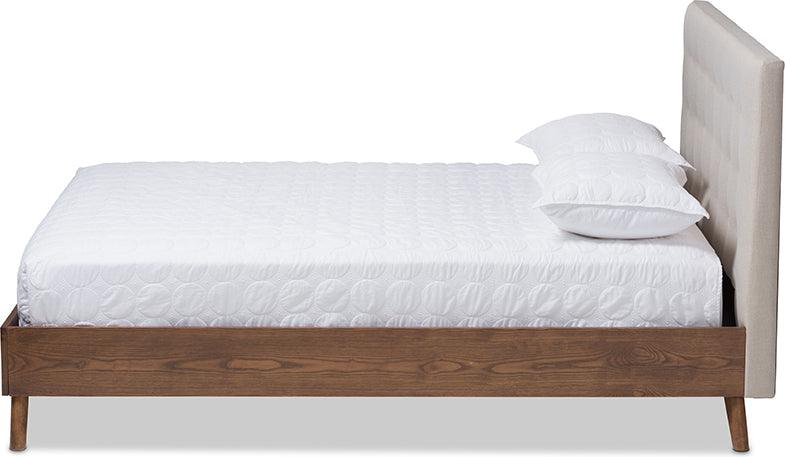 Wholesale Interiors Beds - Alinia Mid-Century Retro Modern Light Beige Fabric Upholstered Walnut Wood King Size Platform Bed