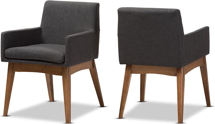 Wholesale Interiors Dining Chairs - Nexus Mid-Century Modern Walnut Wood Dark Grey Fabric Dining Armchair (Set of 2)