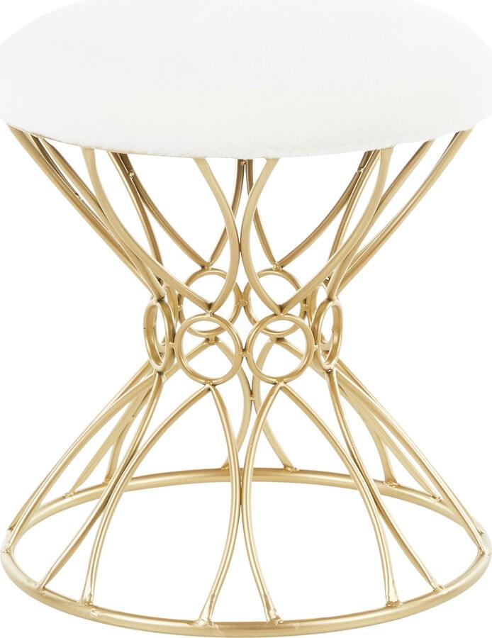 Lumisource Bedroom Vanity - Jasmine Contemporary Vanity Stool in Gold Metal and White Plush Fabric