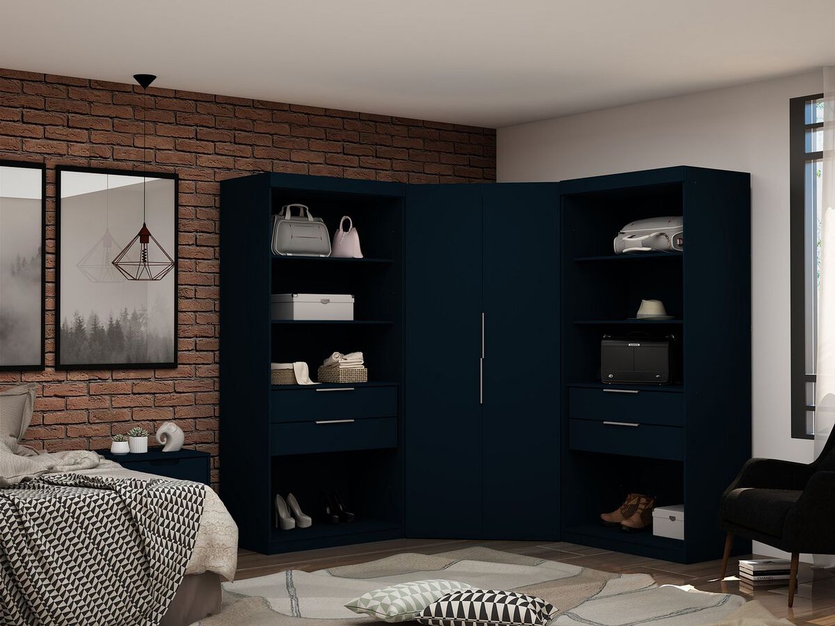 Manhattan Comfort Cabinets & Wardrobes - Mulberry 2.0 Semi Open 3 Sectional Corner Closet - Set of 3 in Tatiana Midnight Blue