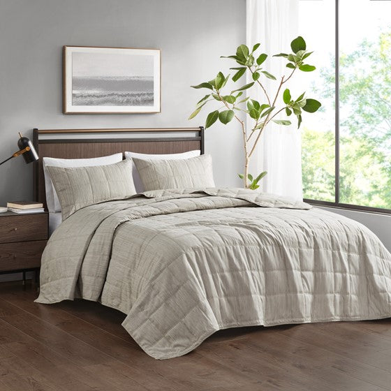 Olliix.com Coverlet - 3 Piece Striated Cationic Dyed Oversized Quilt Set Natural Full/Queen