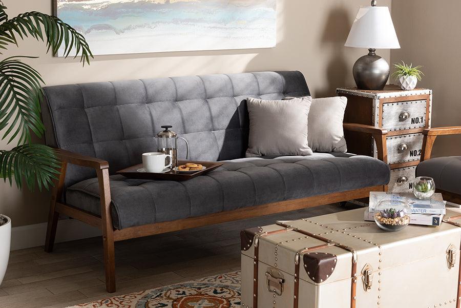 Wholesale Interiors Sofas & Couches - Asta Mid-Century Modern Grey Velvet Fabric Upholstered Walnut Finished Wood Sofa