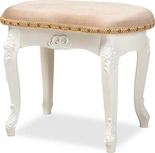 Wholesale Interiors Ottomans & Stools - Gabrielle French Provincial Sand Velvet Fabric Upholstered White-Finished Wood Vanity Ottoman