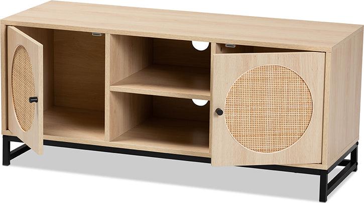 Wholesale Interiors TV & Media Units - Ardon Bohemian Light Brown Wood and Black Metal 2-Door TV Stand with Natural Rattan