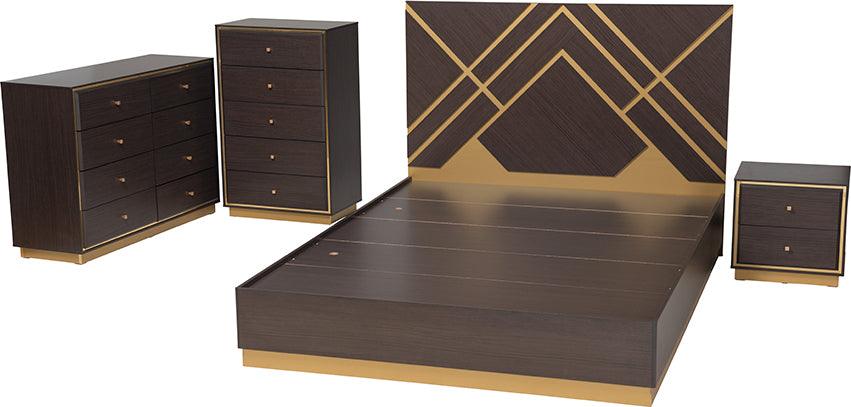 Wholesale Interiors Bedroom Sets - Arcelia Two-Tone Dark Brown and Gold Finished Wood Queen Size 4-Piece Bedroom Set with Chest